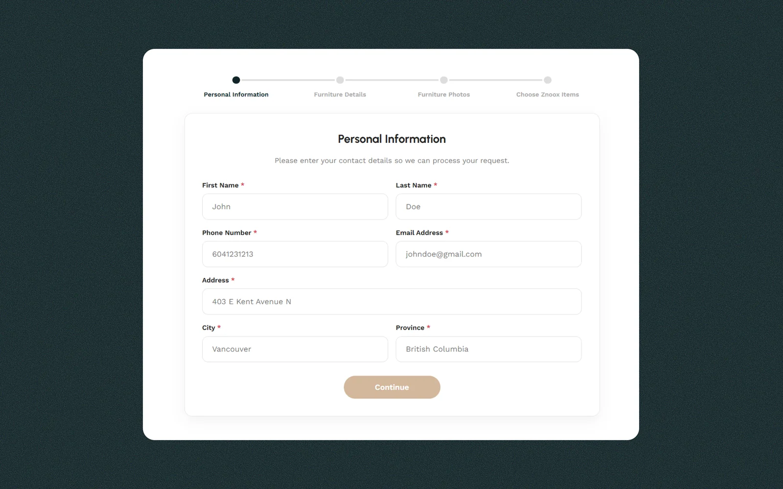 Personal information step in the Znoox BC Trade-In Program application